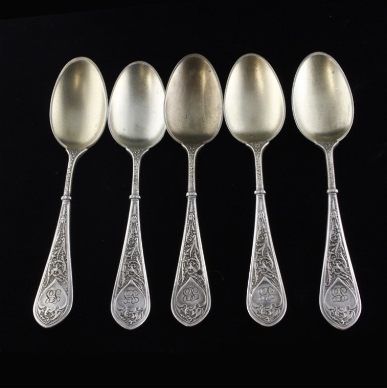 Gorham Raphael 5 Demitasse Spoons: Est. $80 - 120 Gorham Raphael 5 Demitasse Spoons. Weighs 2.29 ozt. Raphael pattern 5 demitasse spoons with matte finish and gold wash. Measures 4.25 inches.