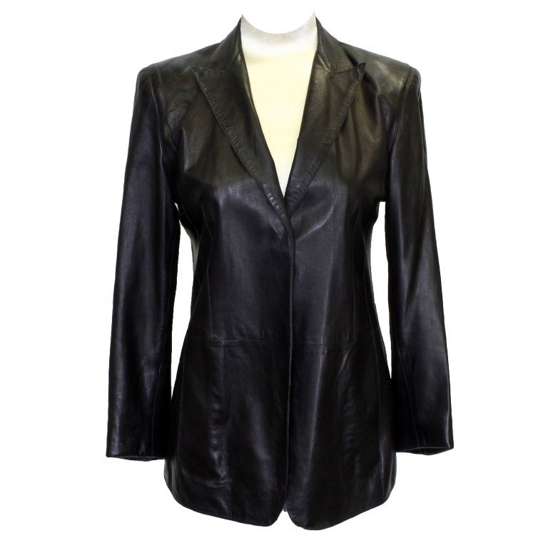 Donna Karan Leather Jacket: Est. $100 - 160 Donna Karan Leather Jacket. Black leather jacket with two button closure. 36" bust, 34" waist, 28" long. *Get shoulder measurement