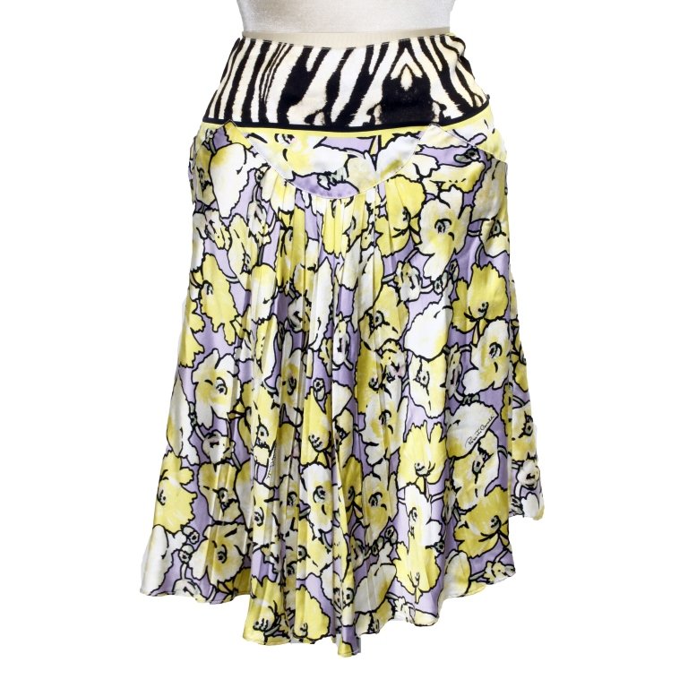 Roberto Cavalli Silk Skirt: Est. $40 - 60 Roberto Cavalli Silk Skirt. Silk floral and animal print skirt by Roberto Cavalli. Pleated A-line cut. 30" waist, 22" length.