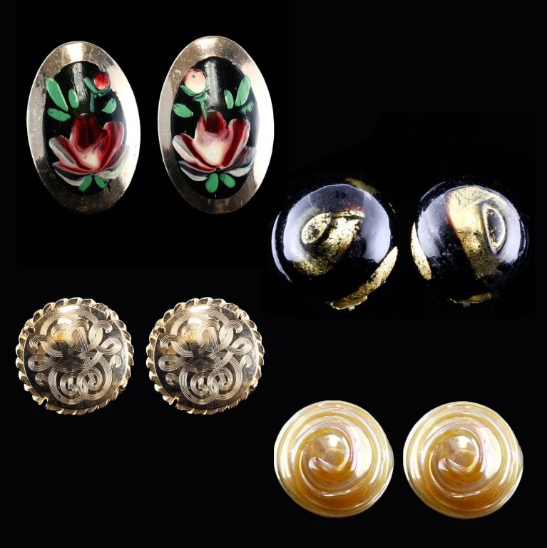 Vintage 4 Pair Earrings: Est. $30 - 50 Vintage 4 Pair Earrings. Gold tone clip style earrings are 1.25 diameter. Iridescent cream colored clip style earrings are 1 inch diameter. Silver tone screwback earrings have hand paint