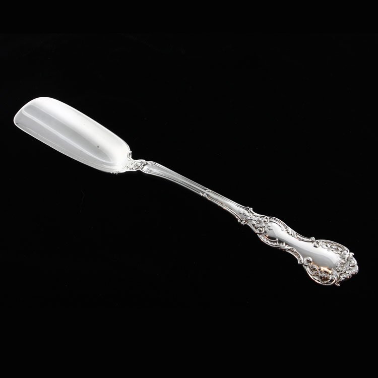Gorham Cheese Scoop: Est. $60 - 90 Gorham Cheese Scoop. Gorham sterling silver cheese scoop in the Fleury pattern. No monograms. Measures 8 1/4" long. Weighs 1.96 ozt. Marks: Gorham makers mark, Sterling, patent 1907.