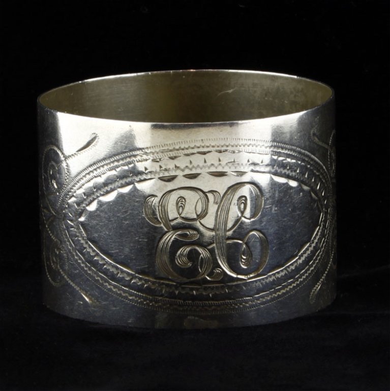 Gorham Brite Cut Napkin Ring: Est. $25 - 40 Gorham Brite Cut Napkin Ring. Weighs .73 ozt. Measures 1.25" tall and 1.75" wide. Monogrammed. Marked Gorham, Sterling, 676, J