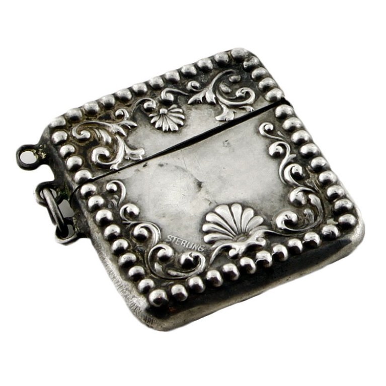 Sterling Stamp Case: Est. $20 - 40 Sterling Stamp Case. Weighs .17 ozt. Measures 1.125" square. Marked Stelring. Monogrammed. Small crack on lid.