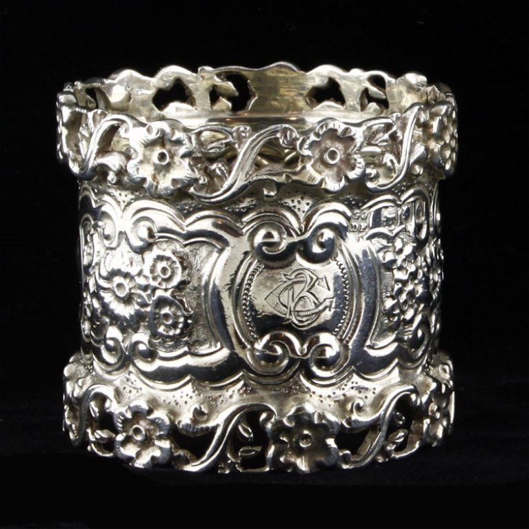 George Jackson and David Fullerton Napkin Ring: Est. $50 - 75 George Jackson and David Fullerton Napkin Ring. Weighs 1.40 ozt. Measures 1.5" tall and 1.75" wide. Marked, GJFD, England, London, 1900