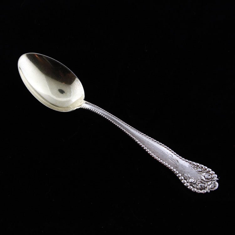 Gorham Sterling Demitasse Spoon: Est. $10 - 15 Gorham Sterling Demitasse Spoon. Sterling silver demitasse spoon by Gorham in the Lancaster pattern, monogrammed. Measures 4" long. Weighs .24ozt. Marks: Gorham makers mark, sterling.