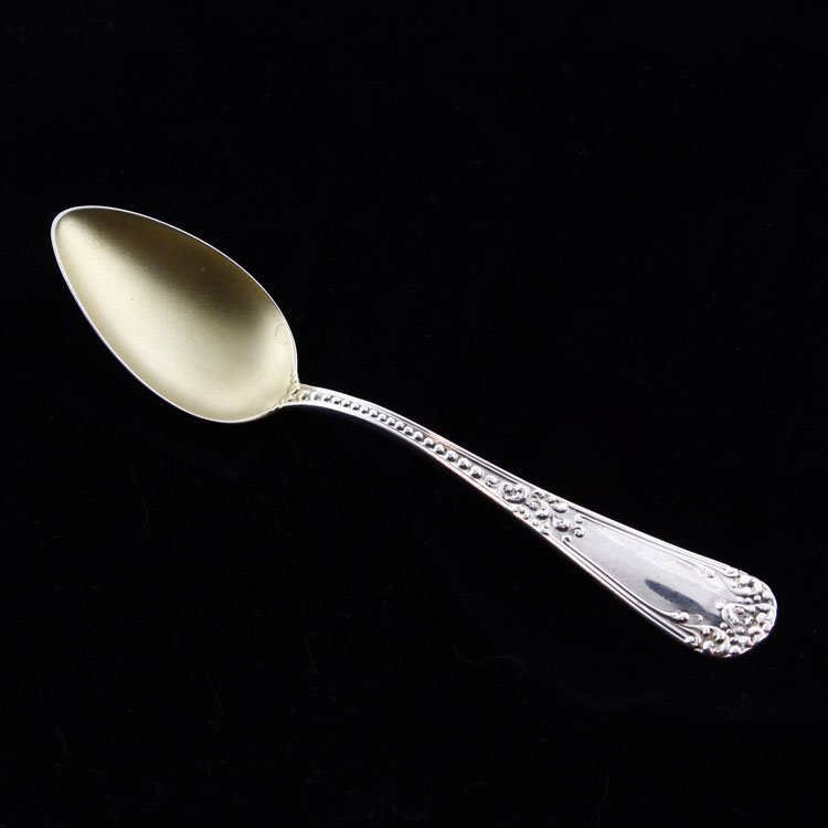Watson Sterling Demitasse Spoon: Est. $10 - 15 Watson Sterling Demitasse Spoon. Sterling silver demitasse spoon by Watson in the Samoset pattern. Gilt bowl. Measures 3 3/4" long. Weighs .195ozt. Marks: Watson makers mark, Sterling.