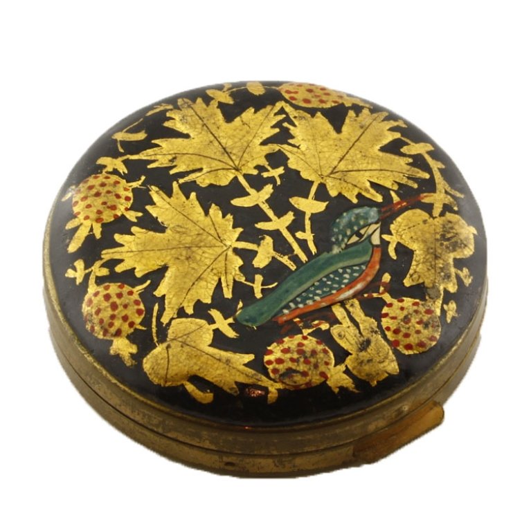 Vintage Compact with Bird & Floral Design: Est. $40 - 75 Vintage Compact with Bird & Floral Design. Vintage compact. Enamel design includes colorful bird and gold floral elements. 1 7/8" diaeter.