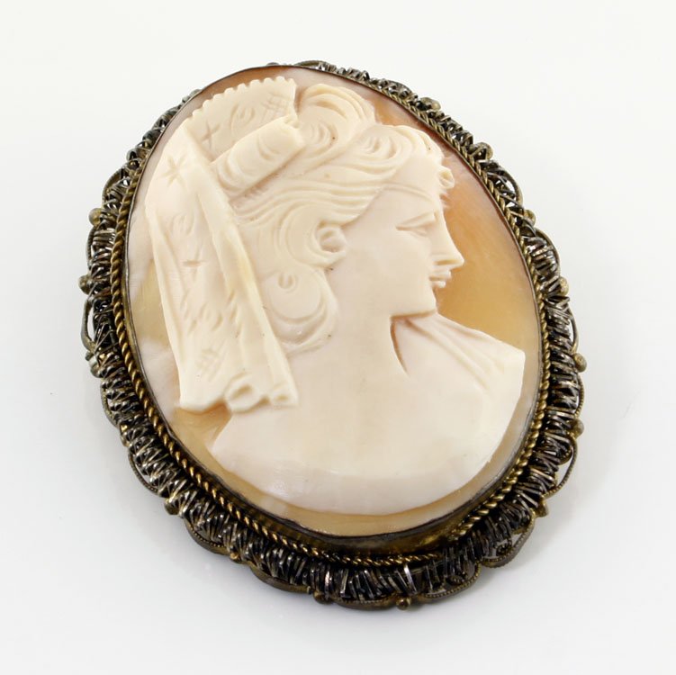 Vintage Cameo Pin Brooch & Pendant: Est. $100 - 175 Vintage Cameo Pin Brooch & Pendant. Hand carved shell cameo in gilt metal bezel. 1 7/8 x 1 3/8" overall.