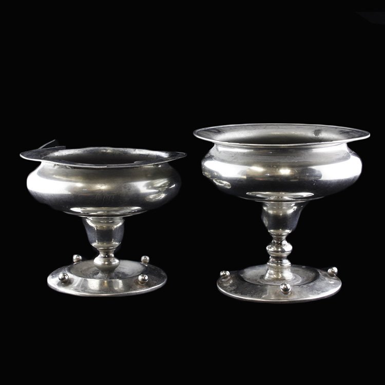 George Sharp Two Open Salts: Est. $100 - 150 George Sharp Two Open Salts. Weighs 2.91 ozt. Two George Sharp open salts in the Gothic style with attached balls as part of the design. in need of repair but nice pattern. Measures 2