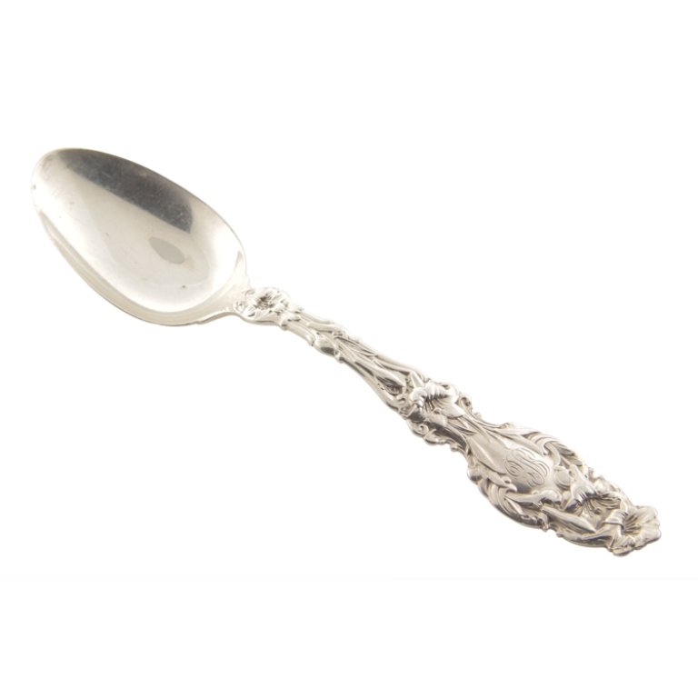Whiting Lily Teaspoon: Est. $30 - 45 Whiting Lily Teaspoon. Weighs .97 ozt. Measures 5.75" long. Marked Whiting. Pat 1902, Sterling.