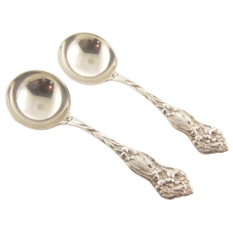 Lot of 2 Mechanics/Watson Lily Soup Spoon: Est. $80 - 120 Lot of 2 Mechanics/Watson Lily Soup Spoon. Weighs 2.36 ozt. Measures 4.375" long. Marked Watson, Sterling. Monogrammed.