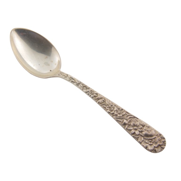 S. Kirk and Son Co Repousse Demitasse Spoon: Est. $20 - 30 S. Kirk and Son Co Repousse Demitasse Spoon. Weighs .49 ozt. Measures 4.25" long. Marked S. Kirk and Son Co, Sterling.