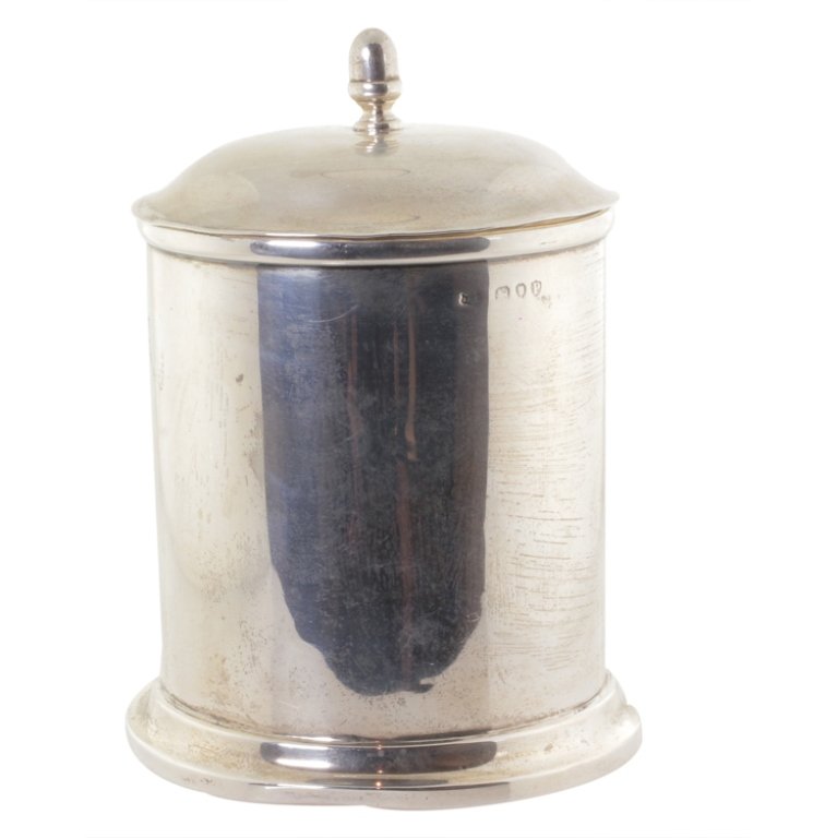 English Sterling Lidded Canister: Est. $250 - 400 English Sterling Lidded Canister. Weighs 9.9 ozt. Measures 6.5" tall with lid. Marked J.M., Sterling, London, 1890. Base also has the stamp for Mappin and Webb Silversmiths, London. Ba