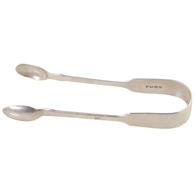 Sterling English Sugar Tongs: Est. $40 - 60 Sterling English Sugar Tongs. Weighs 1.31 ozt. Measures 5.5" long. Marked Sterling, England 1845, London, RW.