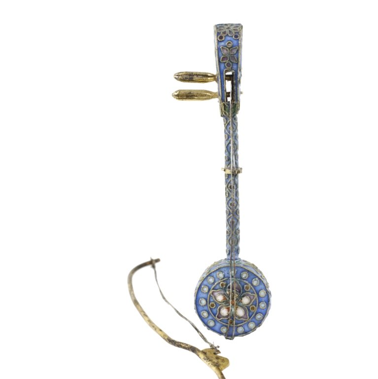 Vintage Mini Chinese Cloisonne Musical Instruments: Est. $100 - 300 Vintage Miniature Chinese Cloisonne Musical Instrument . Multi colored floral pattern, stringed cloisonne instruments with bow. 3" long.