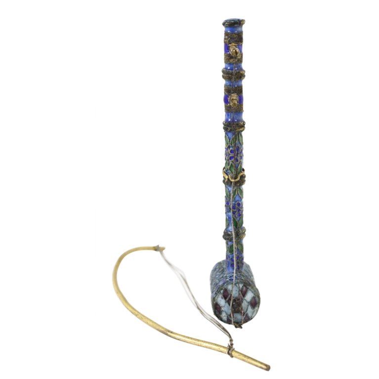 Vintage Mini Chinese Cloisonne Musical Instruments: Est. $100 - 300 Vintage Miniature Chinese Cloisonne Musical Instrument . Multi colored floral and geometric pattern cloisonne stringed instruments with bow. 3" long.