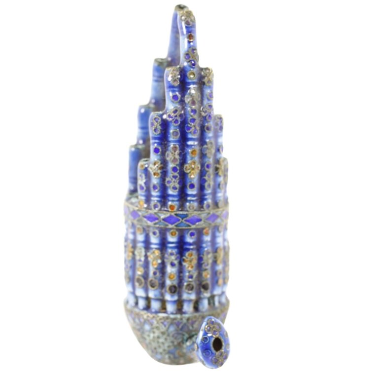 Vintage Mini Chinese Cloisonne Musical Instrument: Est. $150 - 400 Vintage Miniature Chinese Cloisonne Musical Instrument . Multi colored floral & geometric pattern cloissone woodwind instrument. 2 3/4 x 1 1/4".