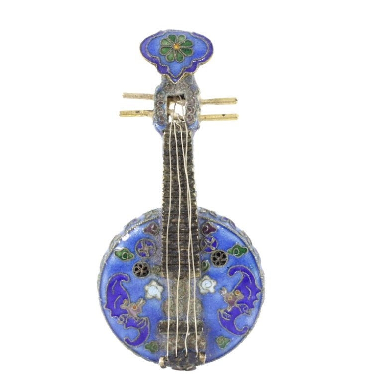 Vintage Mini Chinese Cloisonne Musical Instrument: Est. $150 - 400 Vintage Miniature Chinese Cloisonne Musical Instrument . Multi colored floral, bat & geometric pattern cloisonne stringed instrument. 3 x 1 1/2".