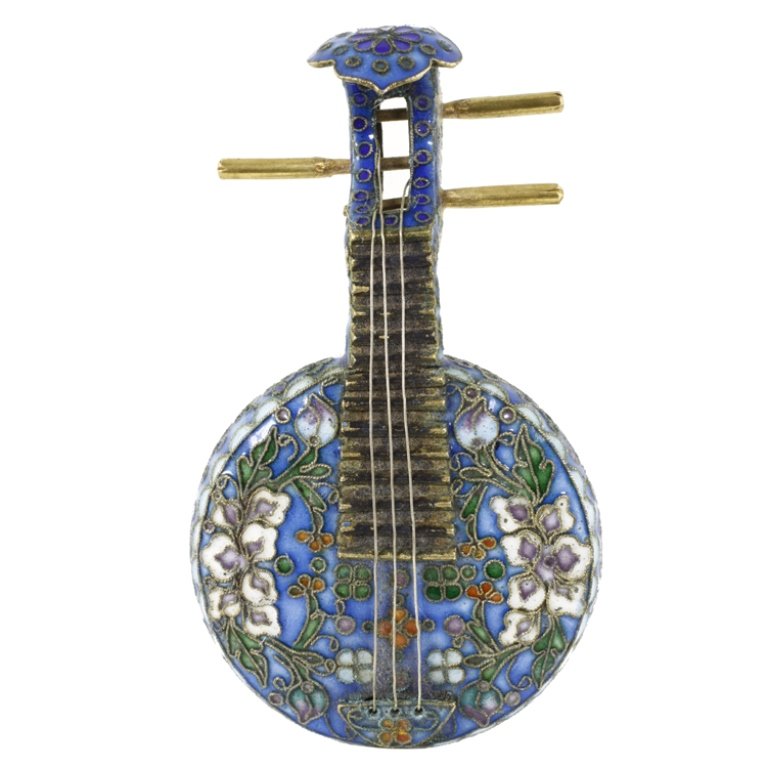 Vintage Mini Chinese Cloisonne Musical Instrument: Est. $200 - 450 Vintage Miniature Chinese Cloisonne Musical Instrument . Multi colored floral pattern cloisonne stringed instrument. 3 x 1 3/4".