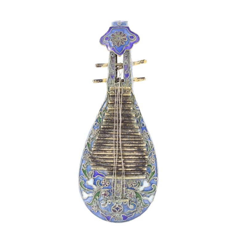 Vintage Mini Chinese Cloisonne Musical Instrument: Est. $150 - 400 Vintage Miniature Chinese Cloisonne Musical Instrument . Multi colored floral & geometric pattern cloisonne stringed instrument. 3 1/4 x 1 1/4".