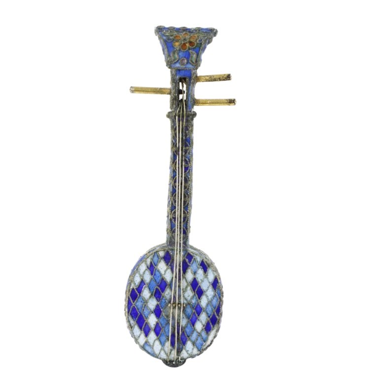 Vintage Mini Chinese Cloisonne Musical Instrument: Est. $100 - 300 Vintage Miniature Chinese Cloisonne Musical Instrument . Multi colored geometric pattern cloisonne. Stringed instrument. 3 x 7/8".
