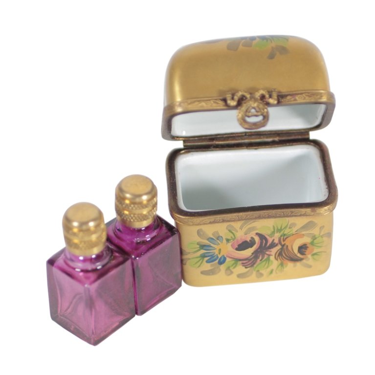 Mini Limoges With Scent Bottles: Est. $100 - 150 Mini Limoges With Scent Bottles . Marked Limoges Peint Main GR. Trinket box holds 2 purple scent bottles 1 3/8 " tall. Tinket box is 2 x 1 1/2 x 1".