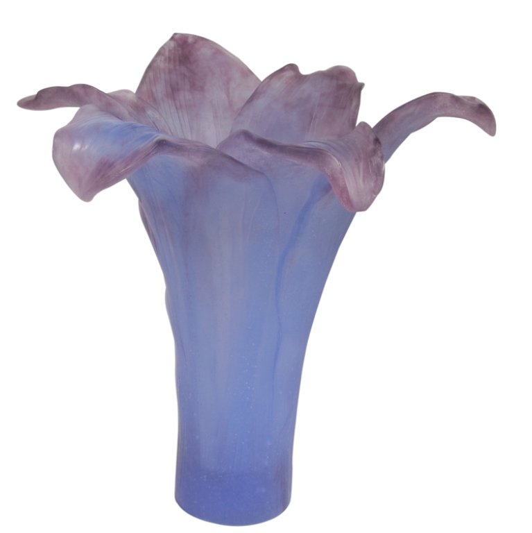 Daum France Floral Vase: Est. $1000 - 2500 Daum France Floral Vase. Vase is signed on bottom Daum France IBSB. Beautiful blue and purple approx. 14" x 14" Third Party Shipping