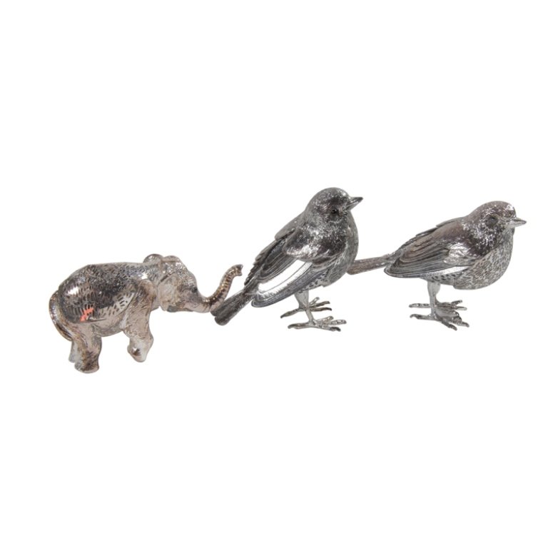Lot of 3 Christofle Silver Plated Animals: Est. $150 - 250 Lot of 3 Christofle Silver Plated Animals. Two birds and one elephant. Each has a fully reticulated body. Each marked Christofle France