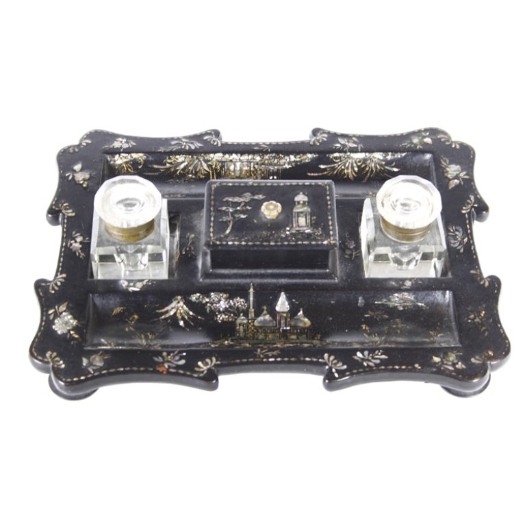 Papier Mache Encrier Desk Set: Est. $300 - 500 Papier Mache Encrier Desk Set. 19th century. English set is 12 x 9 x 3 1/2". Third Party Shipping
