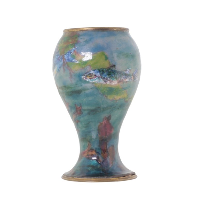 French Enamel On Copper Vase: Est. $200 - 250 French Enamel On Copper Vase. Late 19th-early 20th century. Vase has fish scene and is 4 3/4" tall. Third Party Shipping