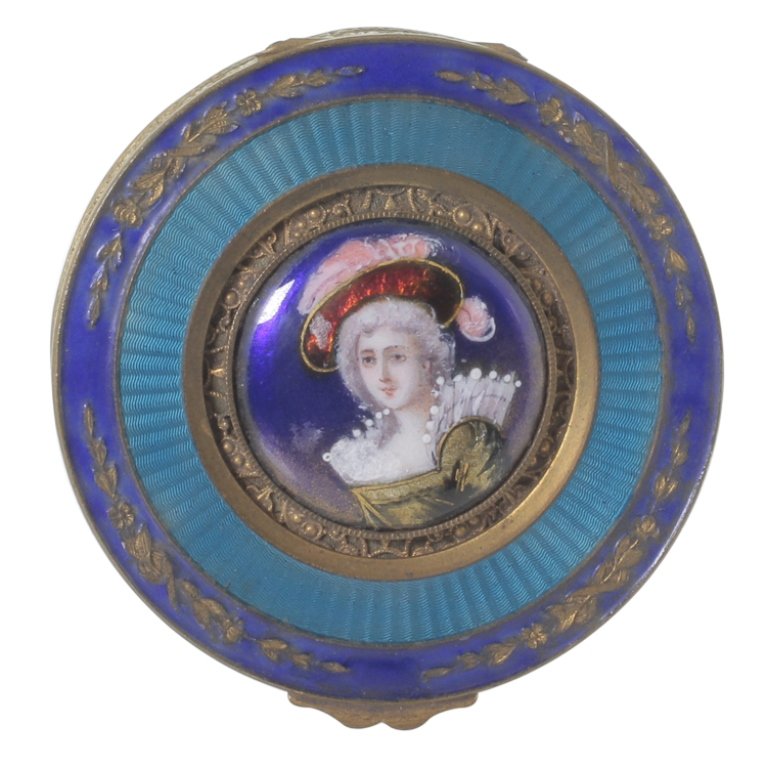 French Guilloche Compact: Est. $150 - 200 French Guilloche Compact. Compact is enamel and guilloche. 3" diameter.