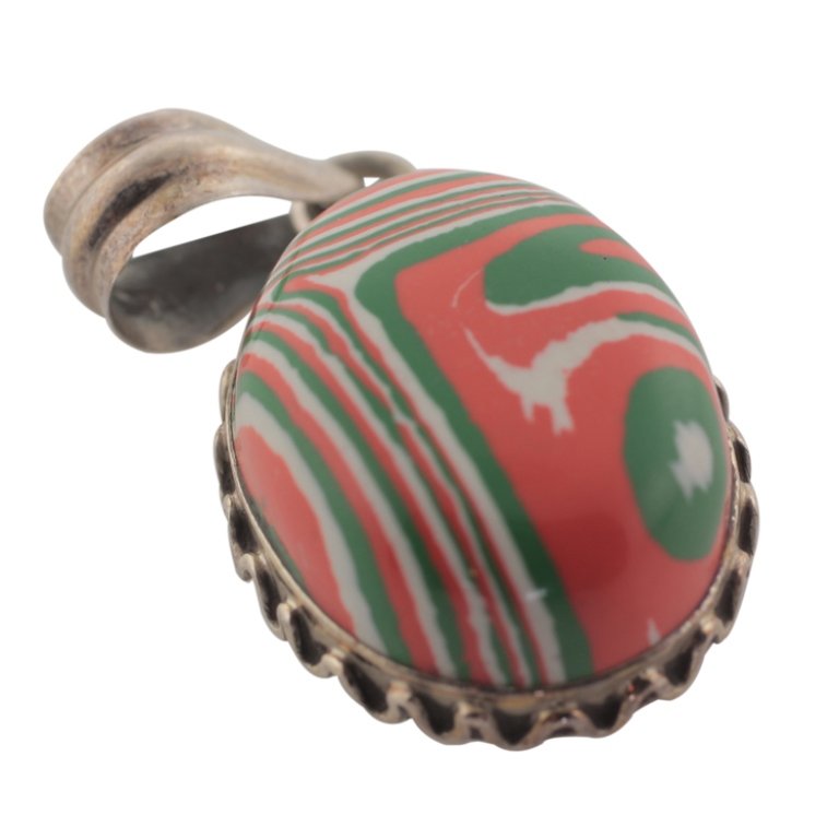 Gemstone Sterling Pendant: Est. $30 - 70 Gemstone Sterling Pendant. Sterling 6.71gr tw. Gemstones: Created multi colored oval cabochon. 1 1/2 x 3/4" overall.