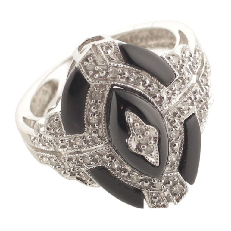 Deco Style Diamond & Black Onyx Ring in 14k gold: Est. $300 - 700 Deco Style Diamond & Black Onyx Ring in 14k gold. 14k white gold. 5.2gr tw. Gemstones: Diamonds .15ct tw approx. single cut. Accents: Black Onyx.