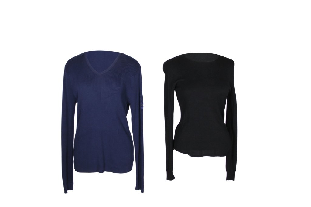 Pair of Ralph Lauren Womens Sweaters: Est. $80 - 200 Pair of Ralph Lauren Womens Sweaters. Both size large. Blue sweater is Ralph Lauren Polo Sport and 100% Cotton. Black sweater is RL Ralph Lauren and 80% silk/20%Cashmere. Good condition