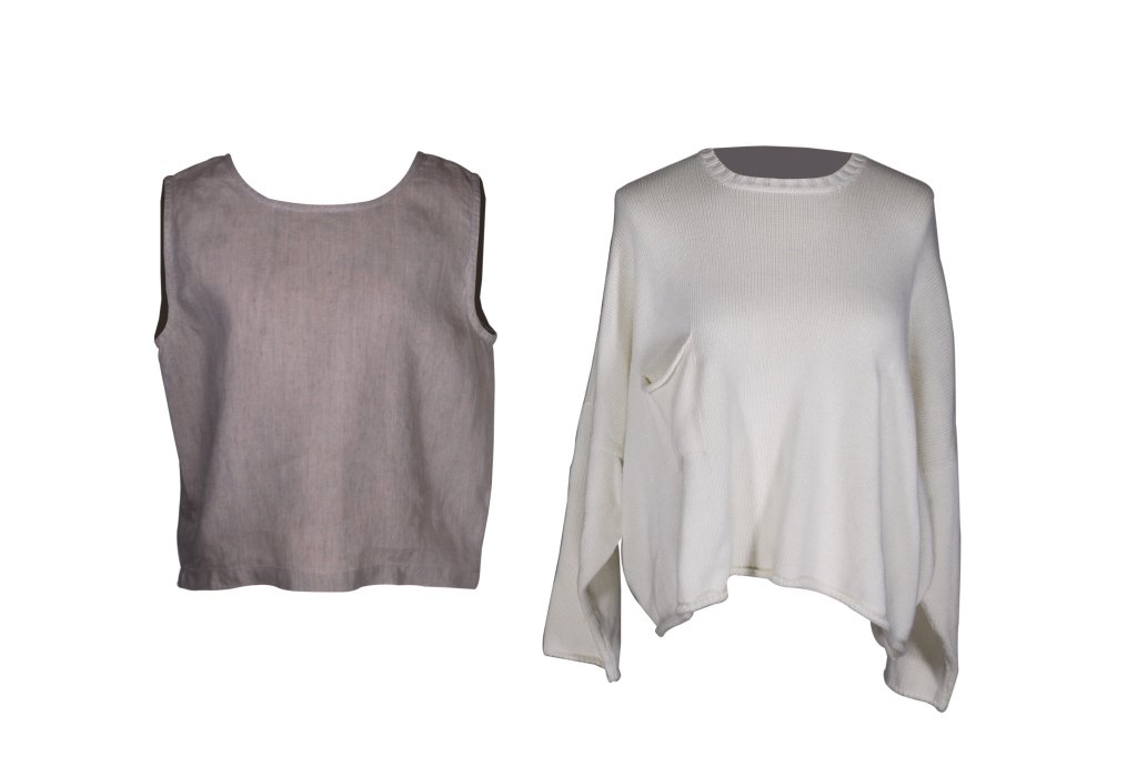 Shirin Guild Sweater and Sleveless Shirt: Est. $80 - 200 Shirin Guild Sweater and Sleveless Shirt. 100% Cotton sweater is unsized, Tan shirt is 100% Linen and medium. Good condition.