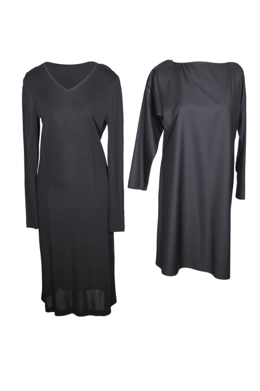 Pair of Black Dresses 1-MaxMara, 1-Zoran: Est. $80 - 200 Pair of Black Dresses 1-MaxMara, 1-Zoran. MaxMara, made in Italy, size 46 and 90% rayon/10% polyester. Zoran, made in Italy, shorter dress is 100% wool and no size(probably med-large).