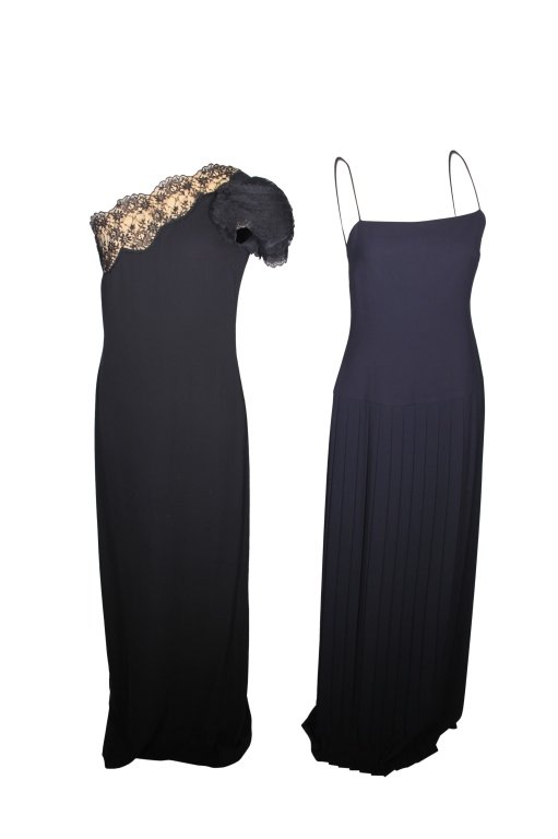Pair of Black Dresses-Tahari & Bill Blass: Est. $80 - 200 Pair of Black Dresses-Tahari & Bill Blass. One shoulder dress by Bill Blass, size 10 and unknown material. Tahari dress size 10 and 100% polyester. Both in good condition.