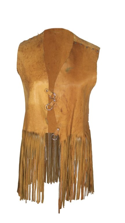 Vintage Leather Fringe Vest: Est. $50 - 75 Vintage Leather Fringe Vest . Leather is worn and stained chest area, vest is approximately 38 inches long.