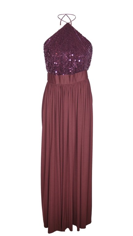 Vintage Les Wilk LWII: Est. $50 - 75 Vintage Les Wilk LWII. Formal Burgunday Size 10 Gown with Sequined top, ties around neck