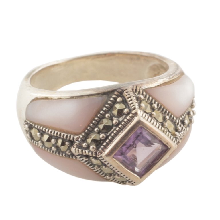 Sterling, Amethyst & MOP Ring: Est. $75 - 125 Sterling, Amethyst & MOP Ring. Sterling 7.90gr tw. Gemstones: Amethyst square step cut. Mother of pearl and marcasite accents. Size 6.75.