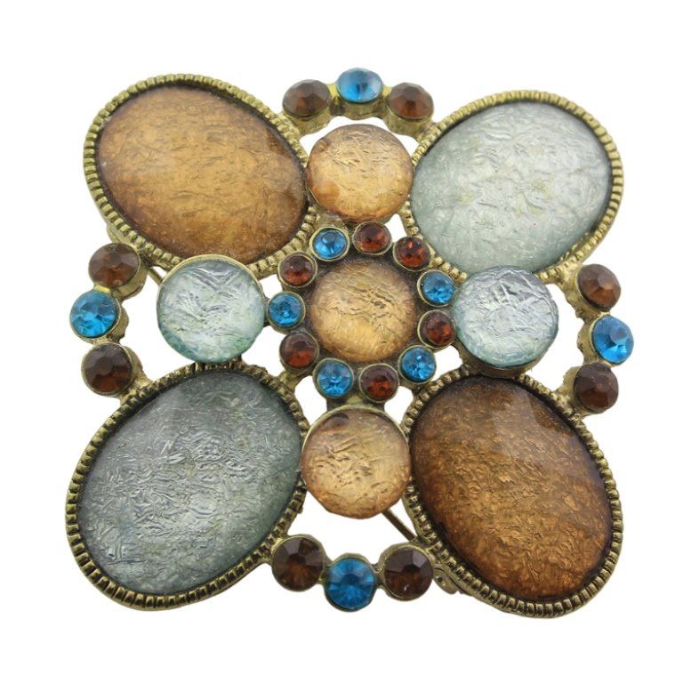 Created Gemstone Pin Brooch: Est. $25 - 50 Created Gemstone Pin Brooch. Multi colored created gemstone in oval and round. 2.75 x 2.75".