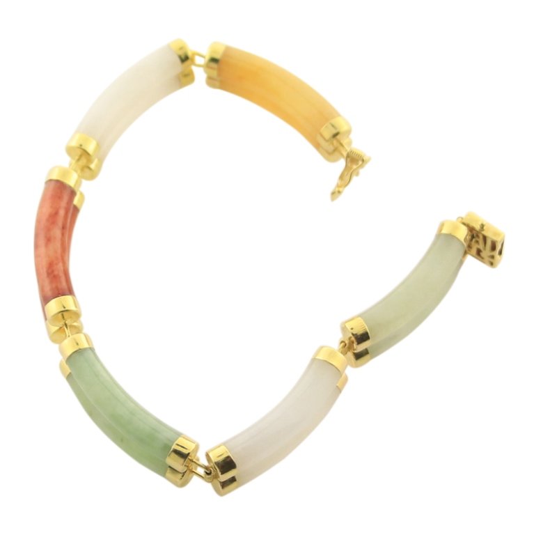 Multi Colored Jade 14k Bracelet: Est. $350 - 700 Multi Colored Jade 14k Bracelet. 14k yellow gold. 20.9gr tw. Gemstones: Jade, multi colors. Double strand design. 7" long.