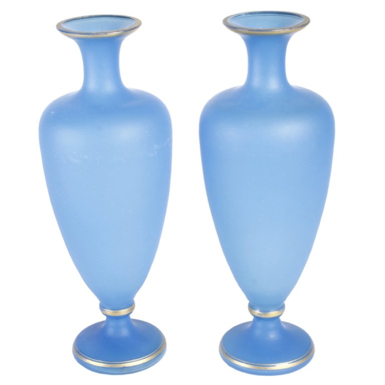 Opaline Blue Glass Pair of Vases: Est. $200 - 400 Opaline Blue Glass Pair of Vases. Late 19th century. Gilt highlights. 10" tall. Third Party Shipping