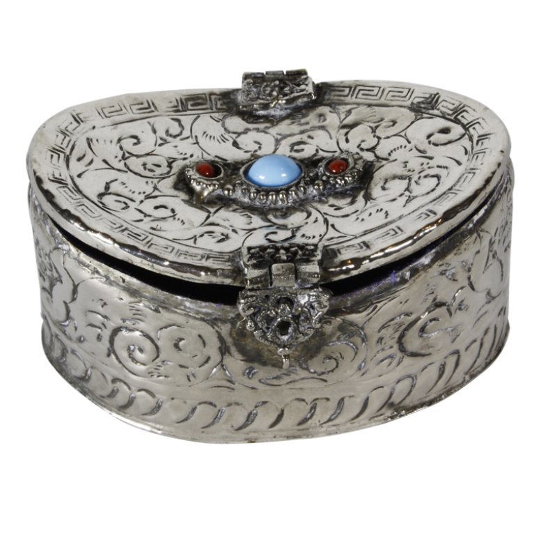 Silver Metal Box: Est. $100 - 150 Silver Metal Box. Box inlaid with semi precious stones. Unknown origin. 4" x 2".