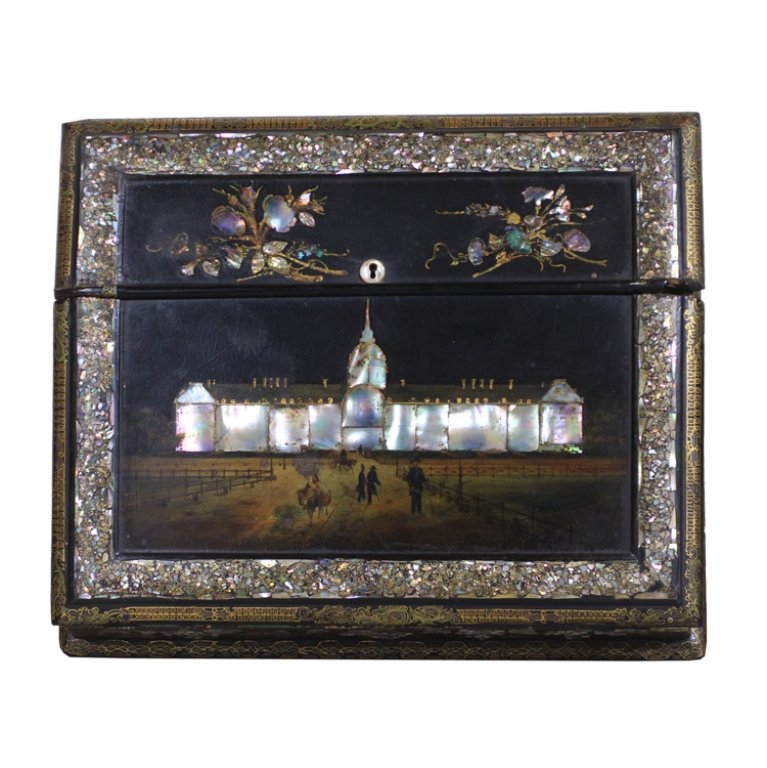 English Lap Desk: Est. $500 - 600 English Lap Desk. Papier mache with inlaid mother of pearl. 19th century. Black laquer. 5 x 15 1/2 x 13(closed) to 25 (opened). Third Party Shipping
