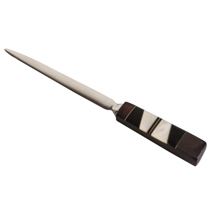 Abalone, Onyx and Ebony Letter Opener: Est. $50 - 80 Abalone, Onyx and Ebony Letter Opener. Measures 8.75” long. Blade marked Santa Fe Stoneworks.