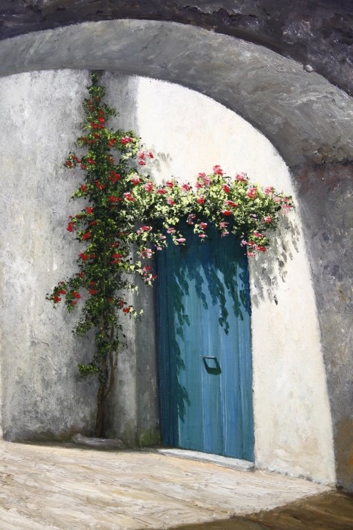 Maximo Cortina Original Oil: Est. $500 - 1000 Maximo Cortina Original Oil. Titled " Monasterio Santas Creus". Original oil on canvas. Consistent with his traditional romantic scenes from old villages in Spain. This image has a bl