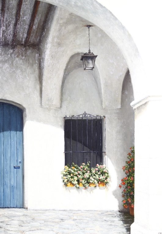 Maximo Cortina Original Painting: Est. $750 - 1250 Maximo Cortina Original Painting. Original oil on canvas. Consistent with his traditional romantic scenes from old villages in Spain. This image has partial view of a blue door and wi