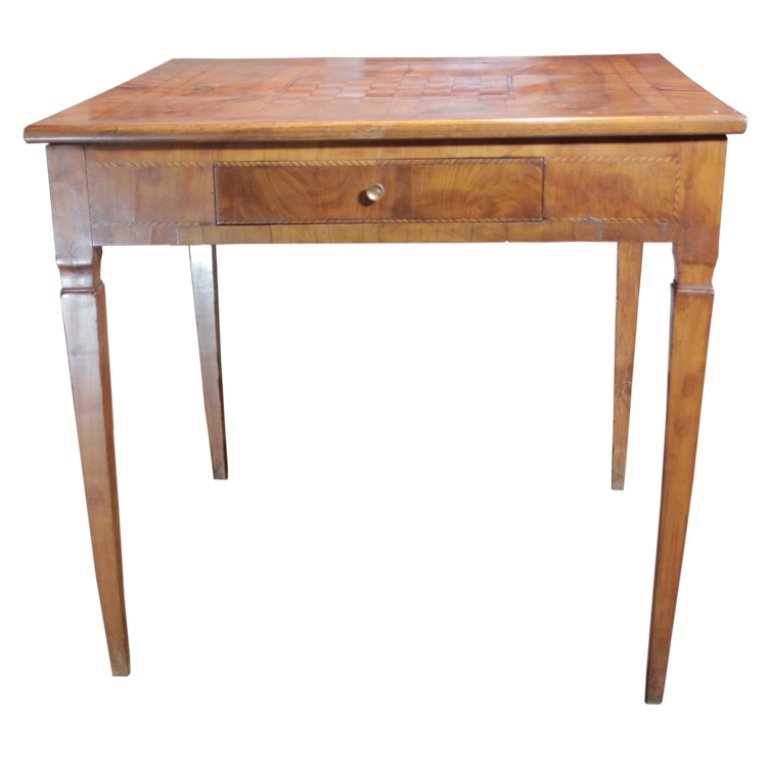 Vtg. French Louis XVI Games Table: Est. $900 - 1200 Vtg. French Louis XVI Games Table. Circa 1800. Mixed wood, some splitting in the veneer. 29 3/4 x 32 1/4 x 32 3/4. THIRD PARTY SHIPPING