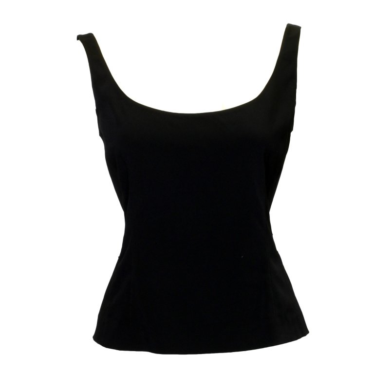 Prada Black Tank Top: Est. $50 - 100 Prada Black Tank Top. Black prada shell/tank top. Zipper closure in back. 34" bust, 29" waist, 21" length. Marked Size 44.